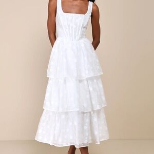 Lulus Sweet Potential White Floral Burnout Tiered Midi Dress